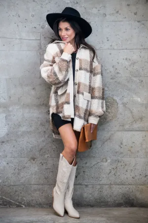 SERENITY PLAID BUTTON DOWN SHACKET ~ TAUPE