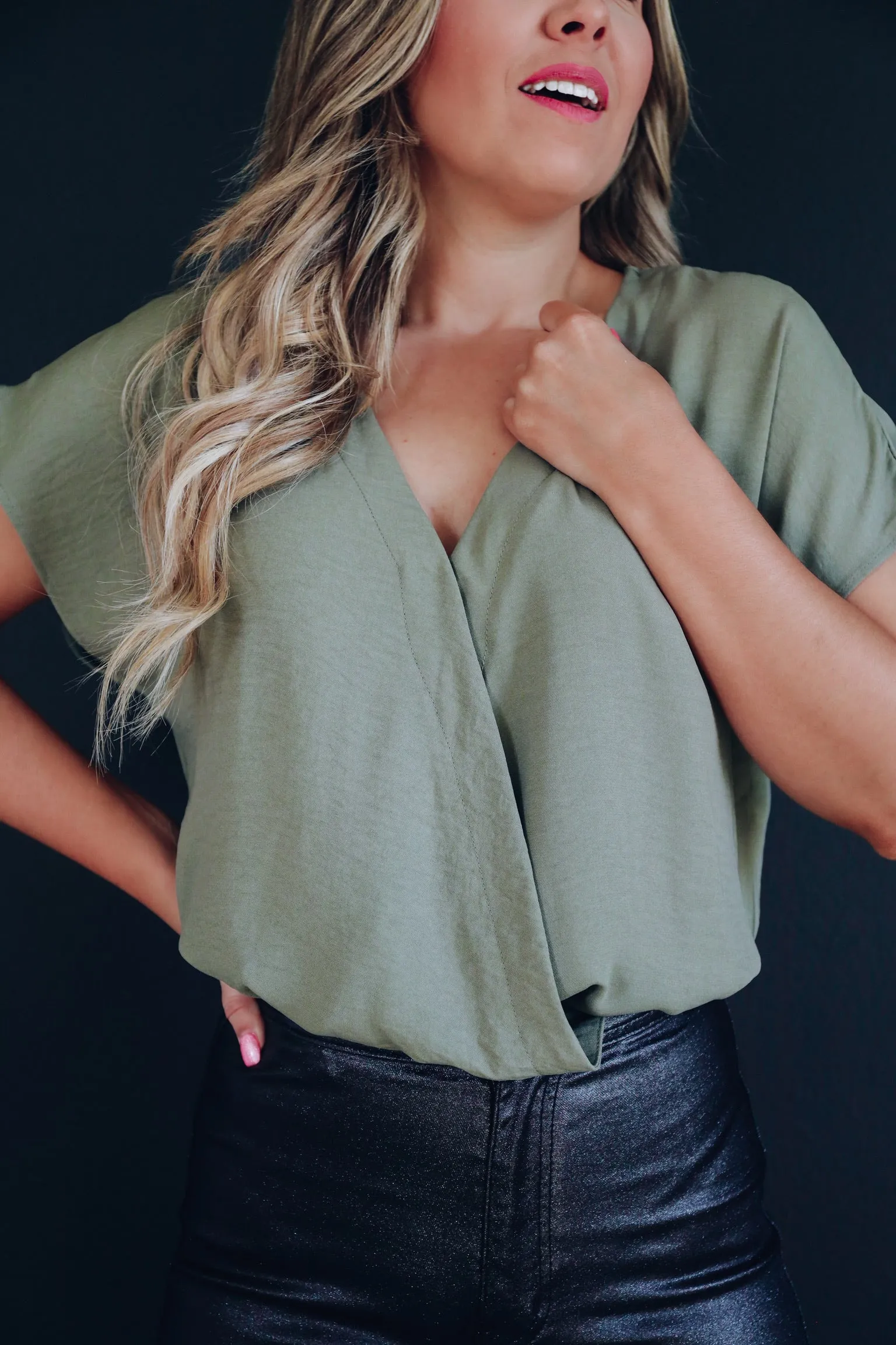 Shenzi Deep V Surplice Bodysuit - Olive