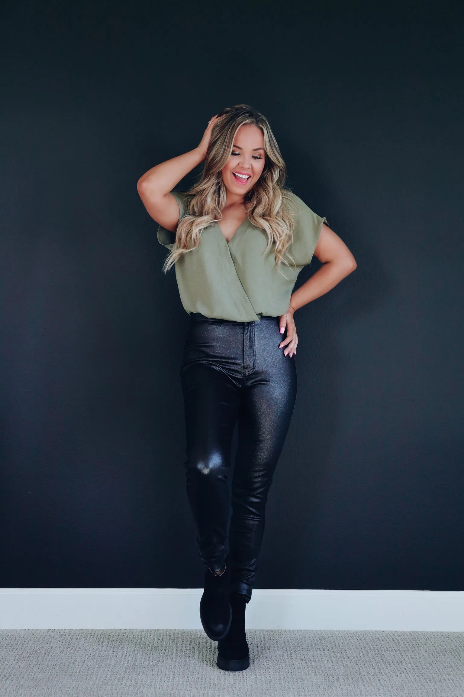 Shenzi Deep V Surplice Bodysuit - Olive