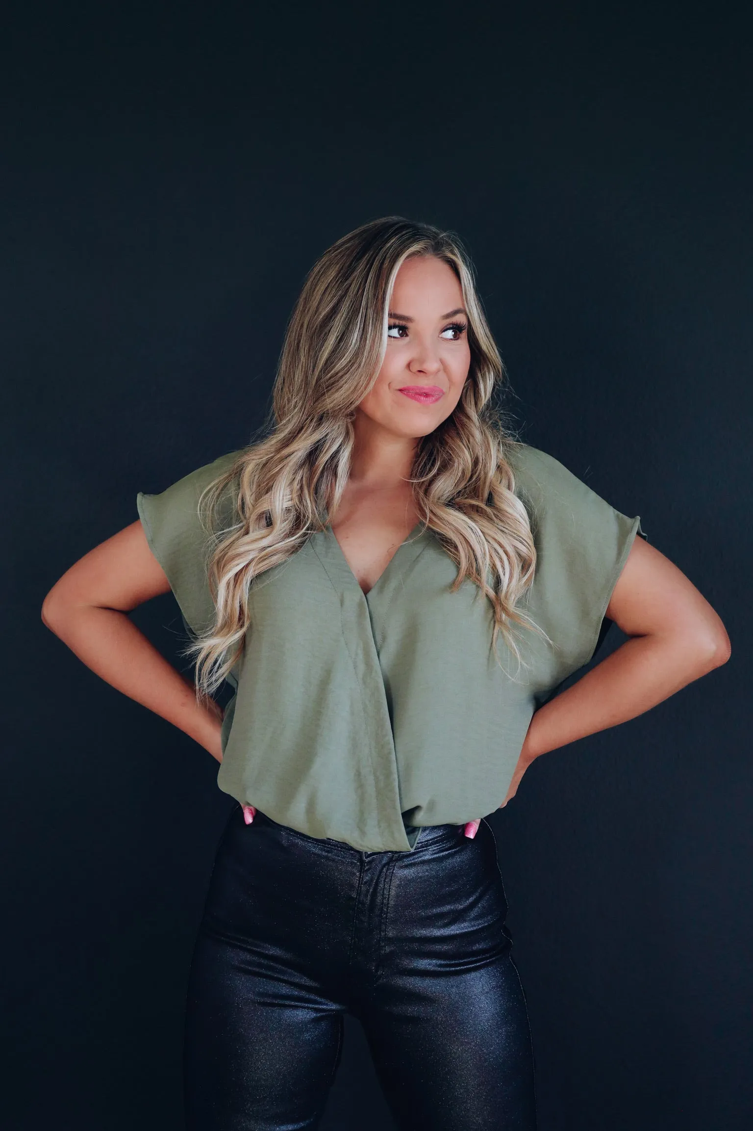 Shenzi Deep V Surplice Bodysuit - Olive