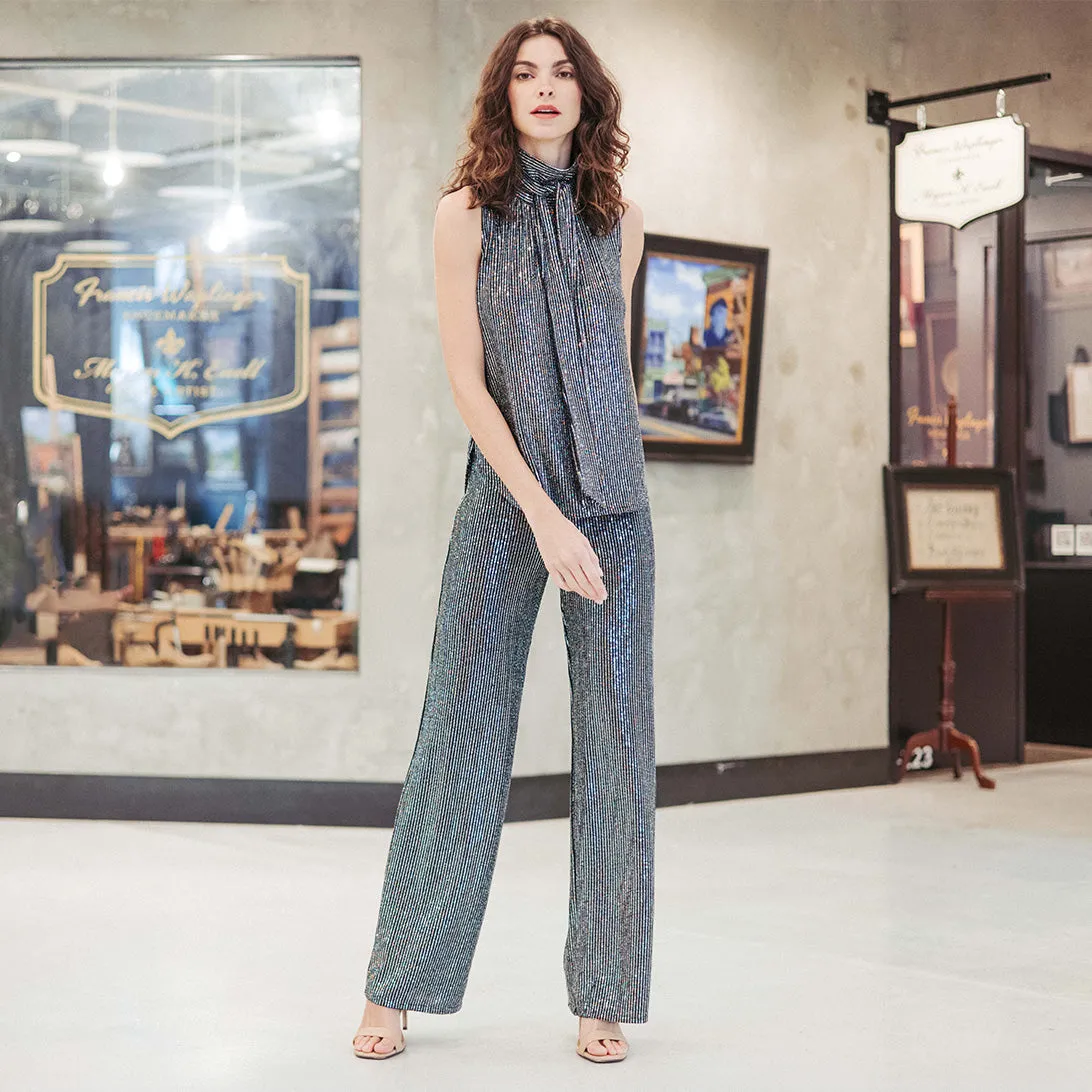 Shimmer Sequin - Wide Leg Pant - Silver Pinstripe