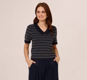Short Sleeve Grid Knit Fringe Trim Sweater In Navy Ivory