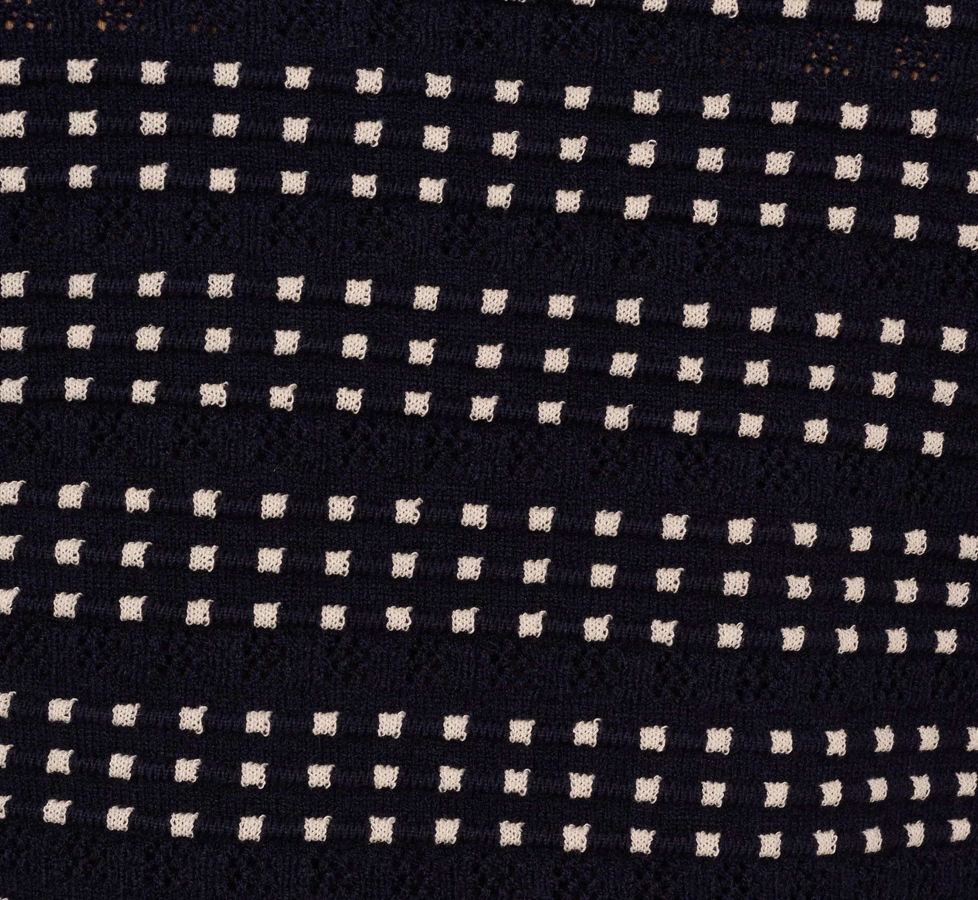Short Sleeve Grid Knit Fringe Trim Sweater In Navy Ivory