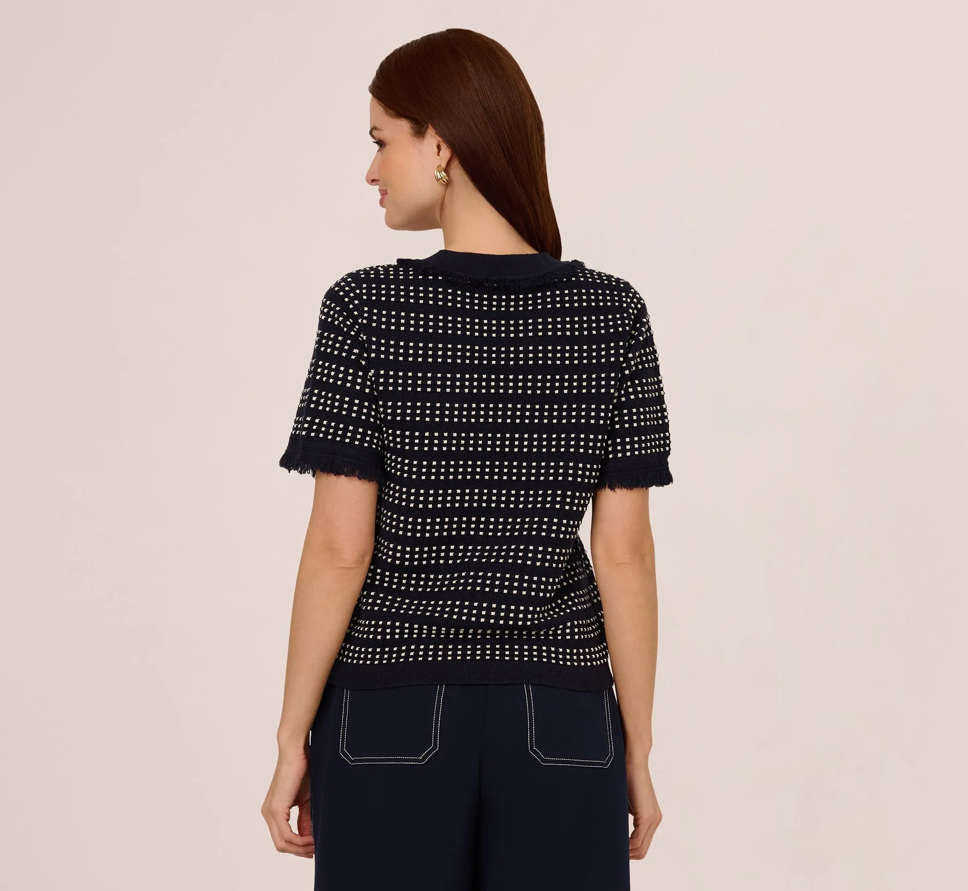 Short Sleeve Grid Knit Fringe Trim Sweater In Navy Ivory