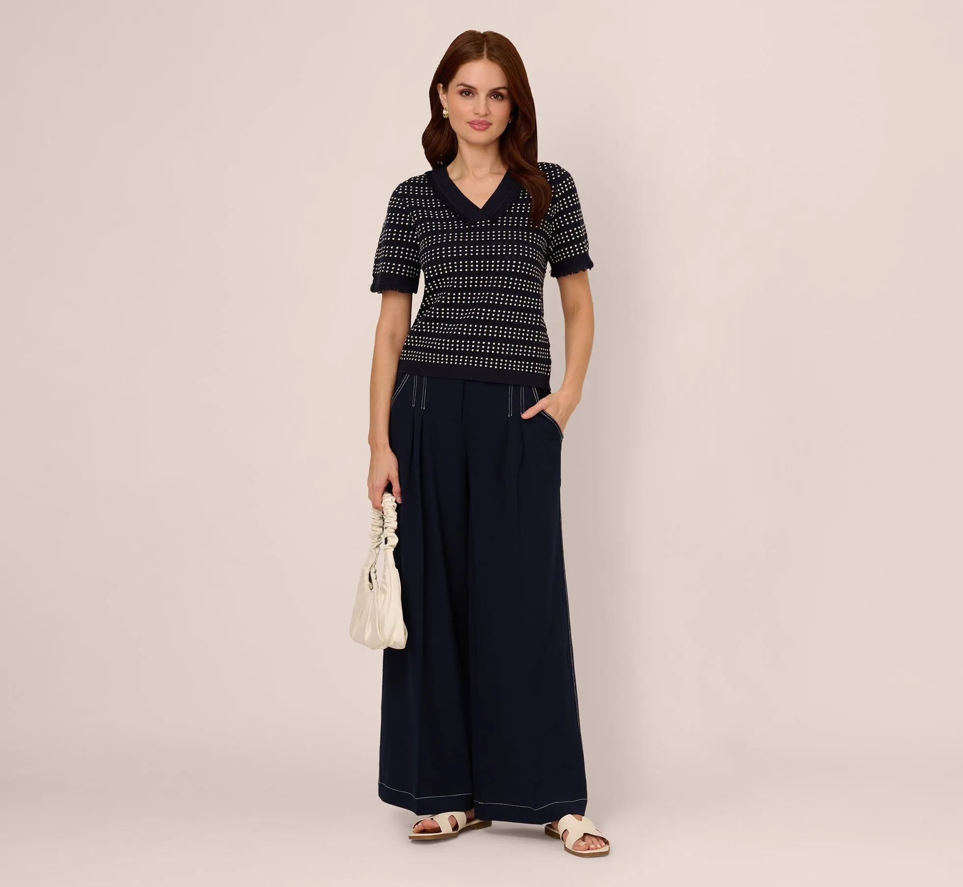 Short Sleeve Grid Knit Fringe Trim Sweater In Navy Ivory