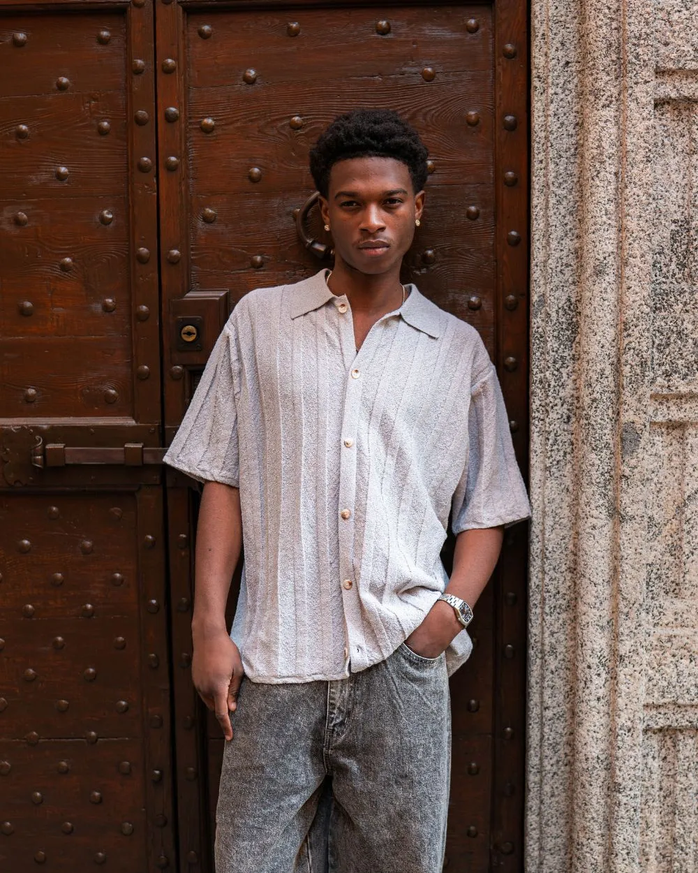 Short Sleeve Textured Shirt Gray