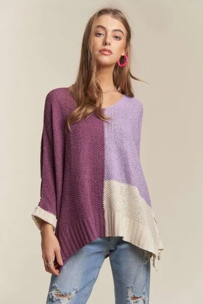 Side Slit Color Block Long Sleeve Sweater