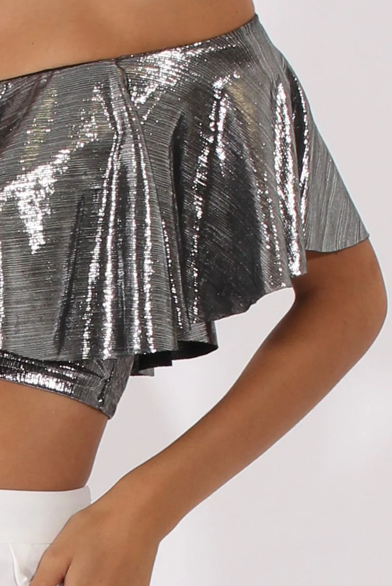 Silver Metallic Bardot Frill Crop Top - Ariana
