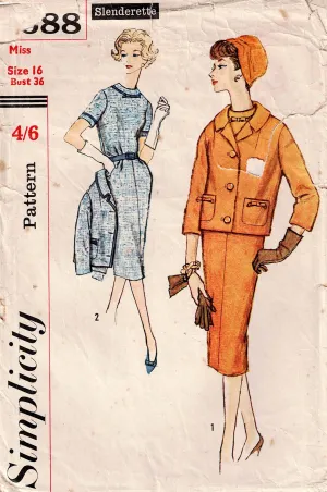 Simplicity 2688 Womens Slenderette Sheath Dress & Tailored Box Jacket 1950s Vintage Sewing Pattern Size 16 Bust 36 inches