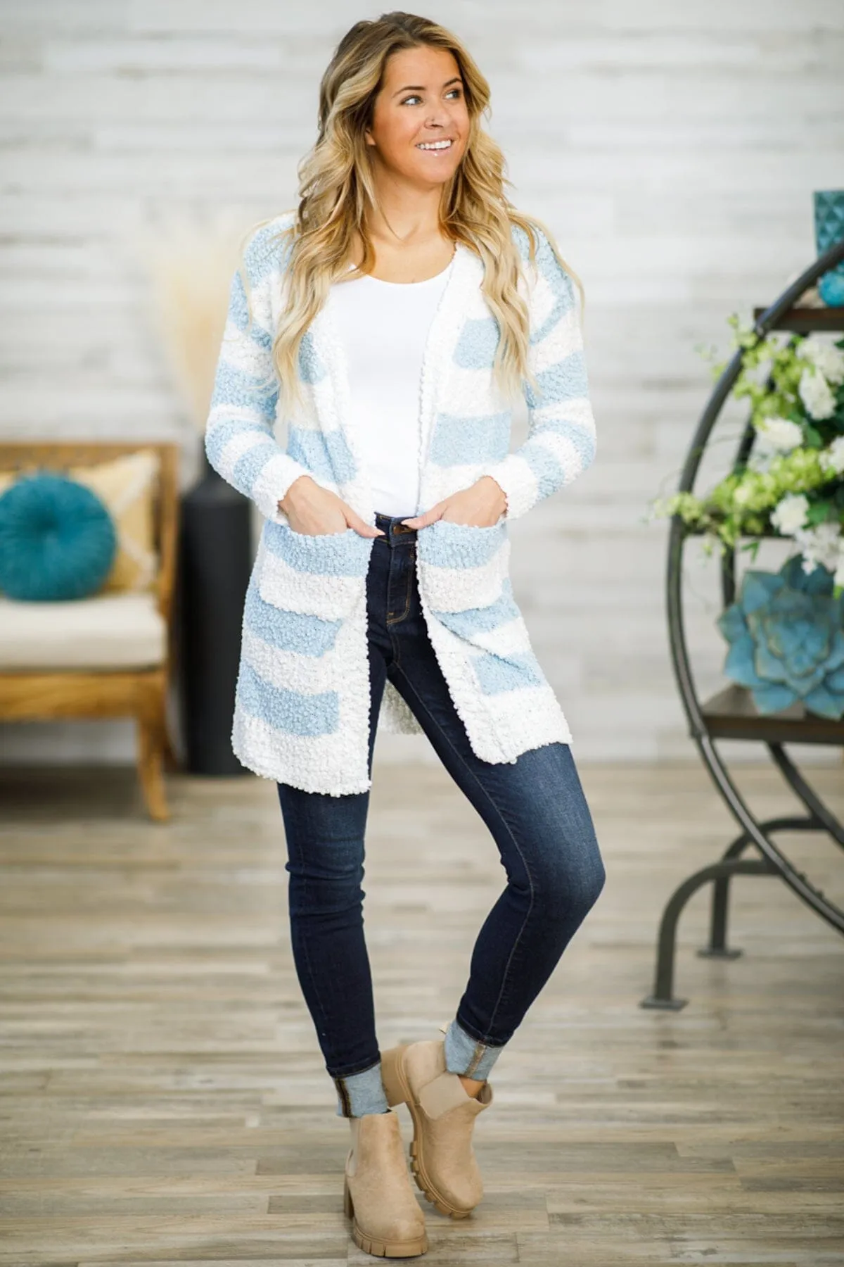 Sky Blue and White Stripe Popcorn Cardigan