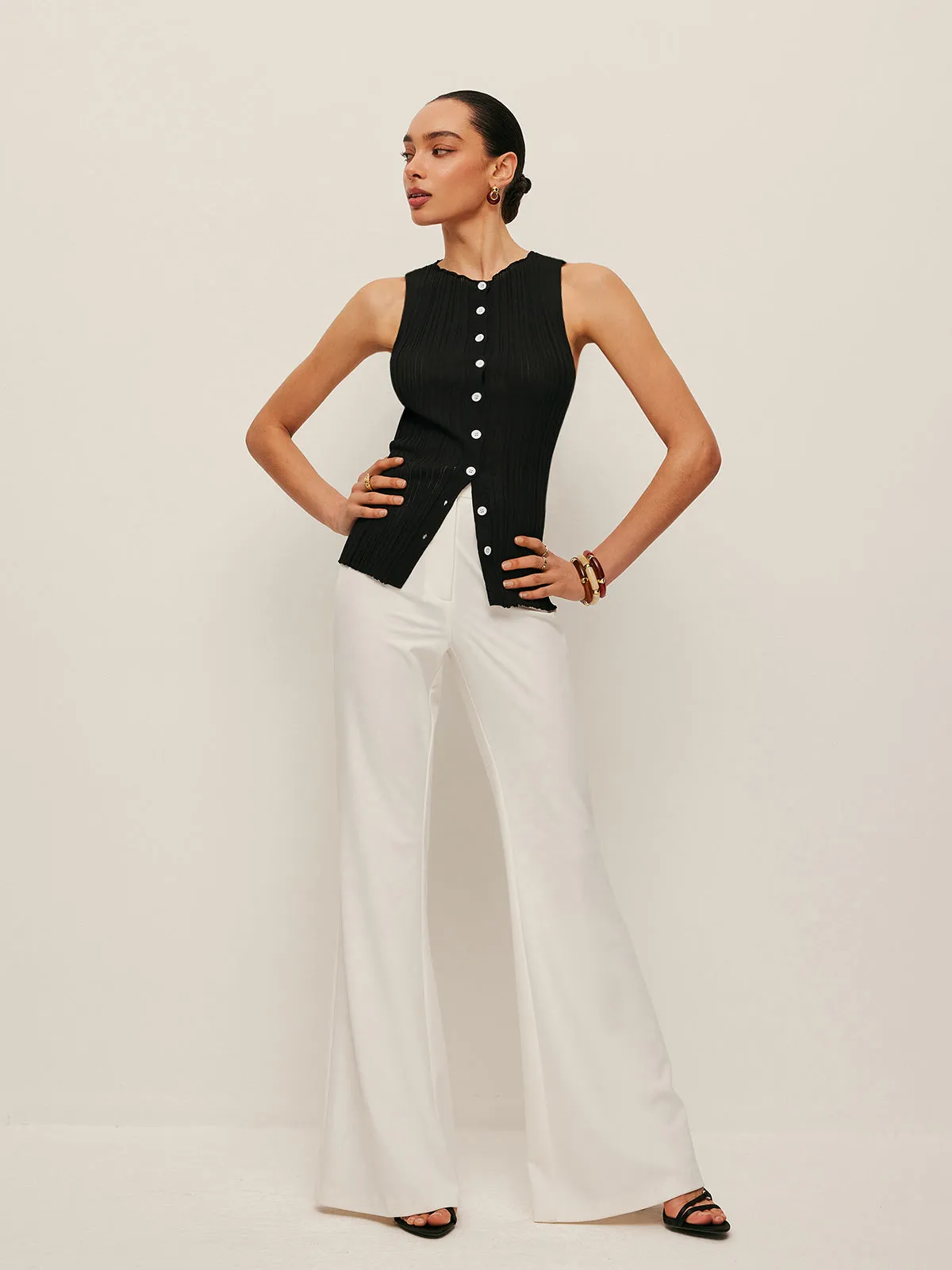 Sleeveless Ribbed Button-Front Top