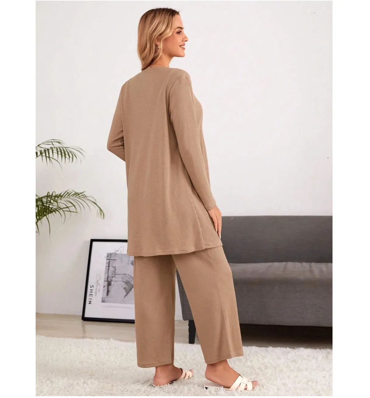 Solid Cami Top & Adjustable Waist Pants & Coat