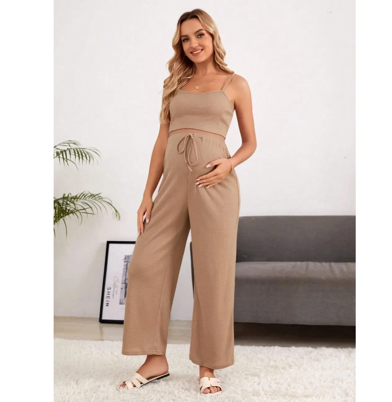 Solid Cami Top & Adjustable Waist Pants & Coat