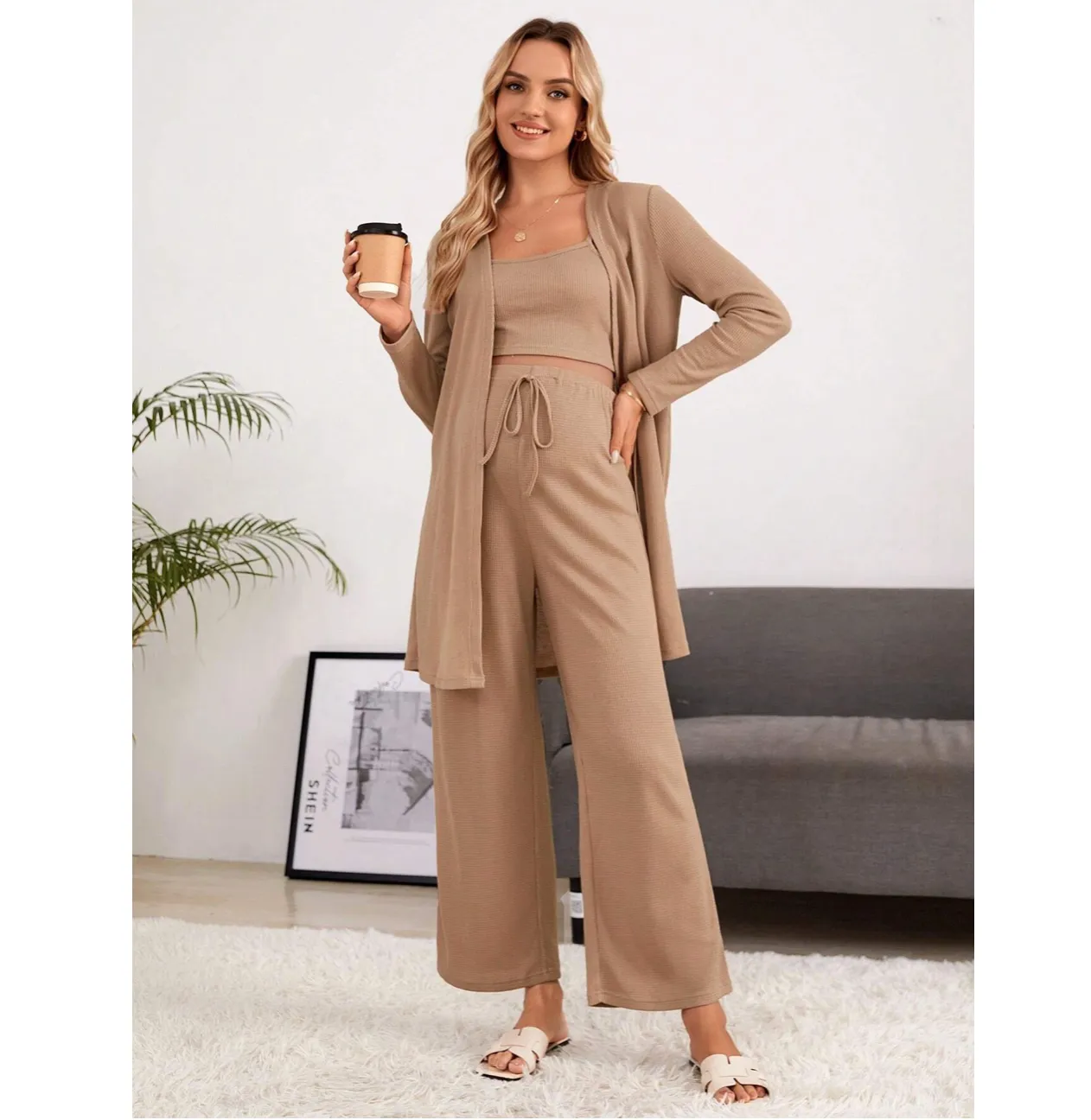 Solid Cami Top & Adjustable Waist Pants & Coat
