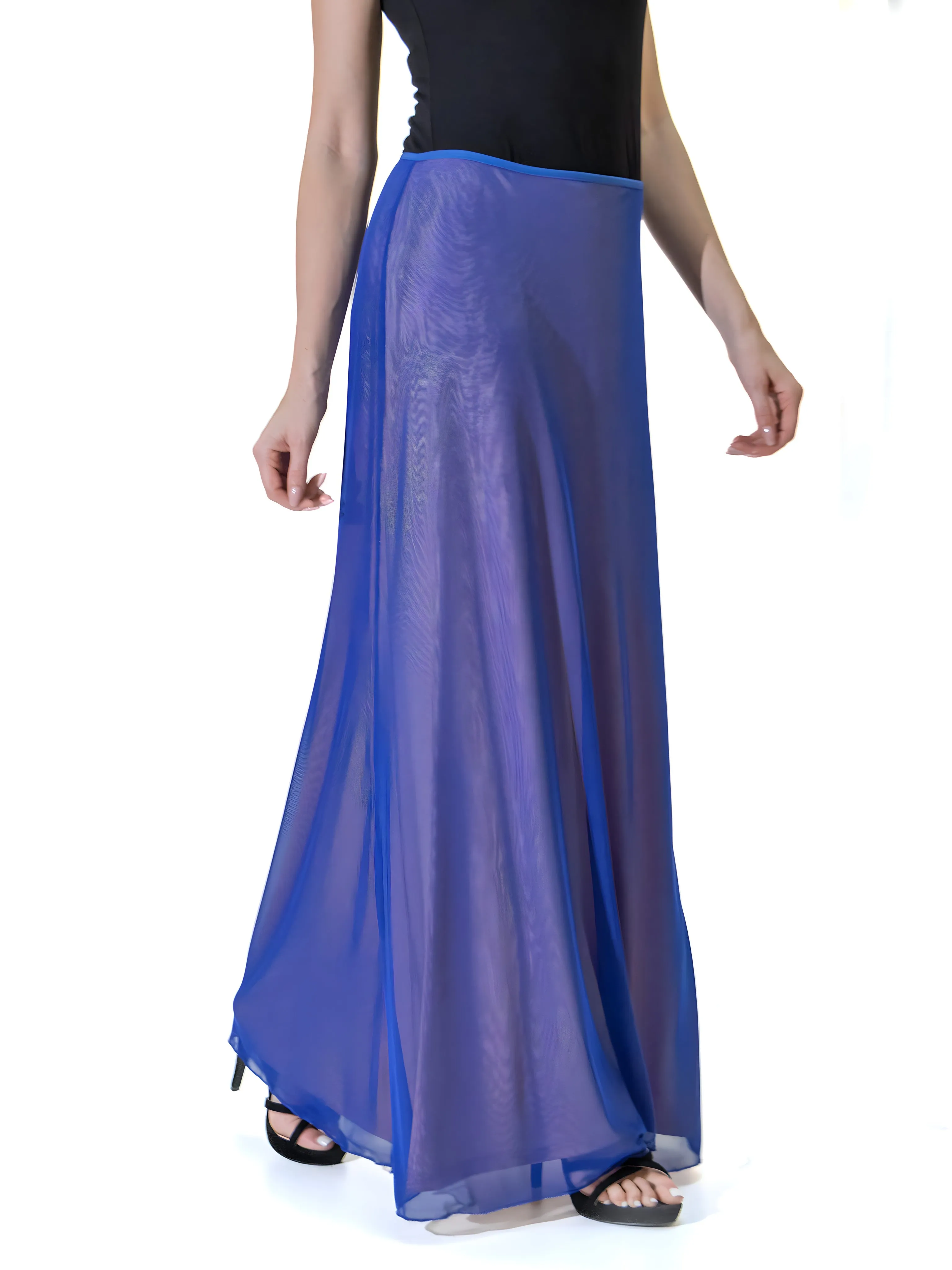 Solid Color Sheer Overlay Elastic Waist Dressy Maxi Skirt