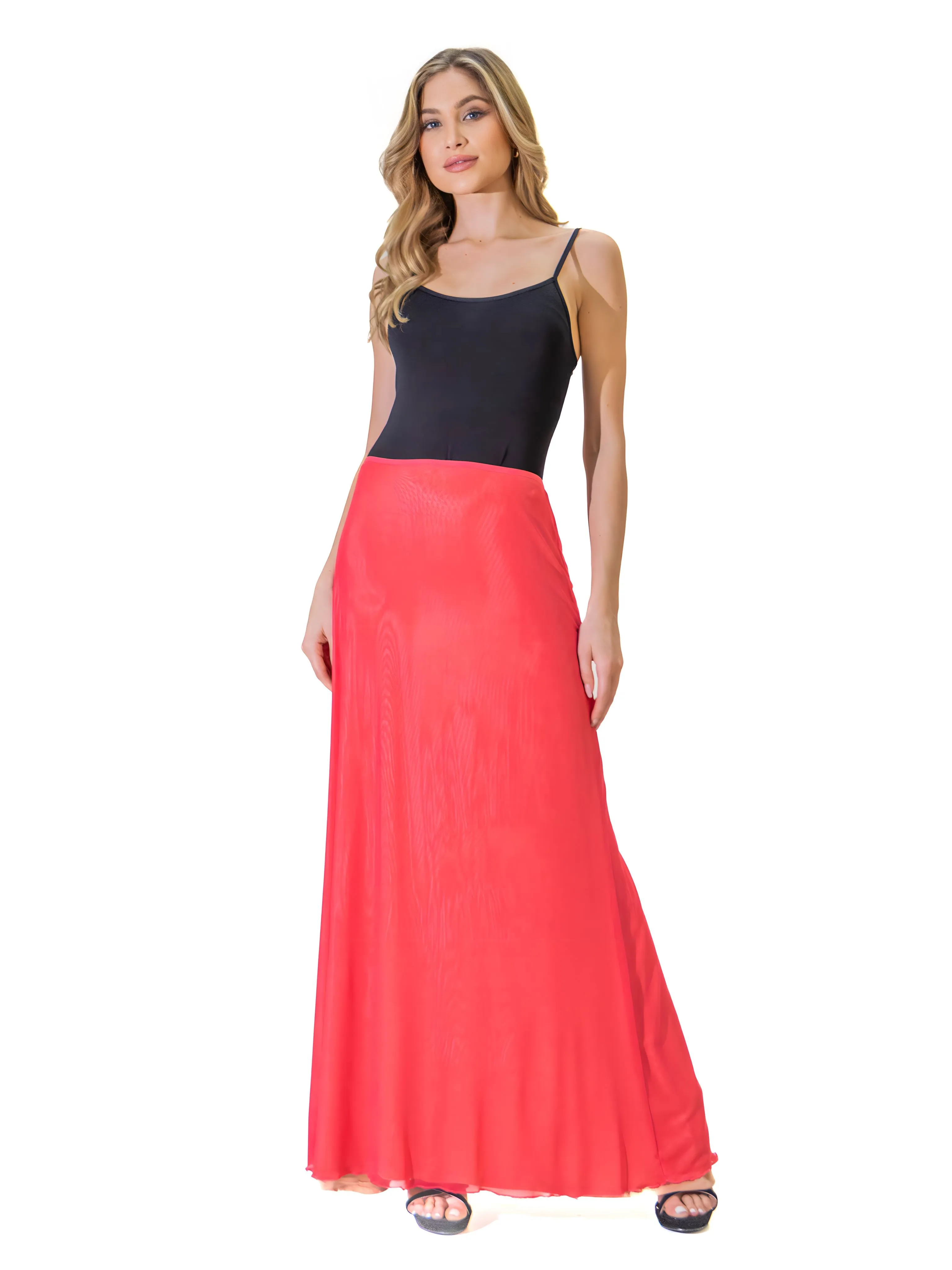 Solid Color Sheer Overlay Elastic Waist Dressy Maxi Skirt