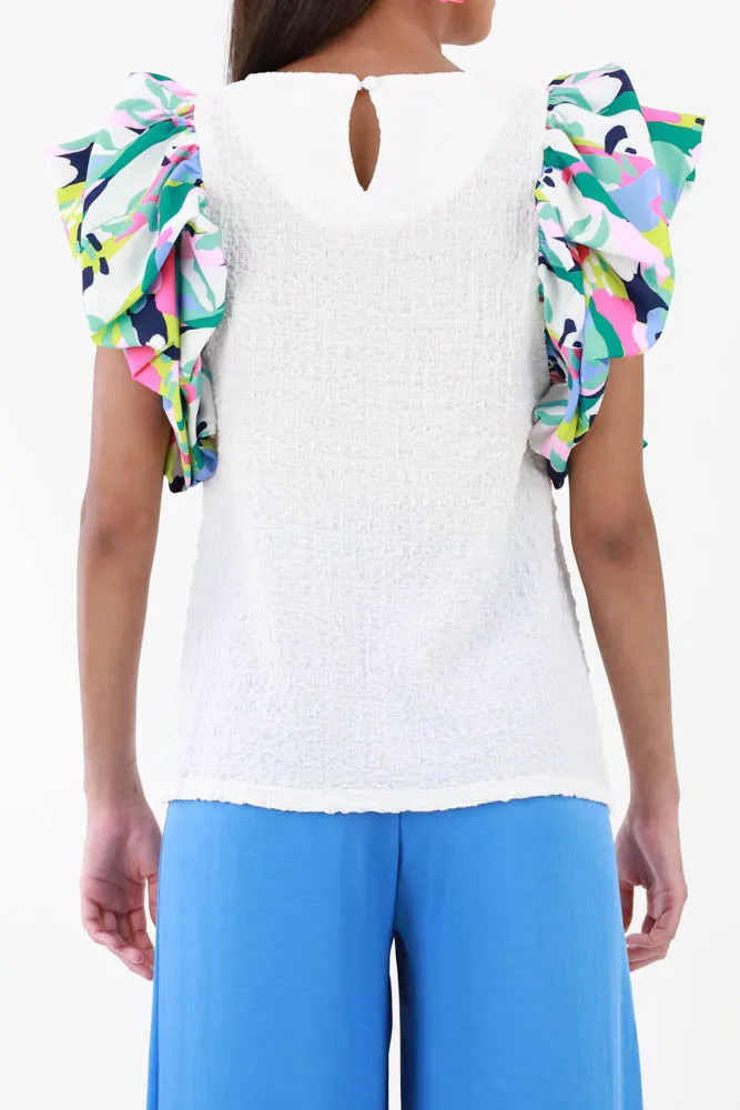 Splash of Color Ruffled Sleeve Top - White