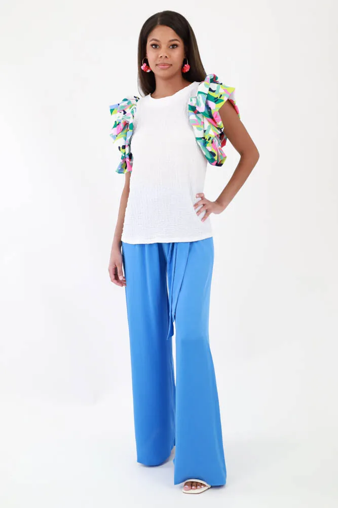 Splash of Color Ruffled Sleeve Top - White