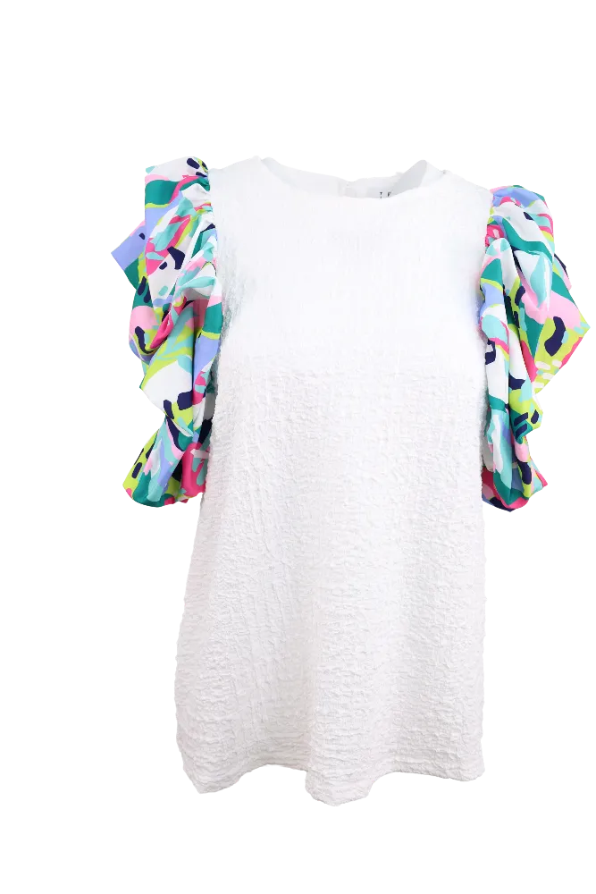 Splash of Color Ruffled Sleeve Top - White