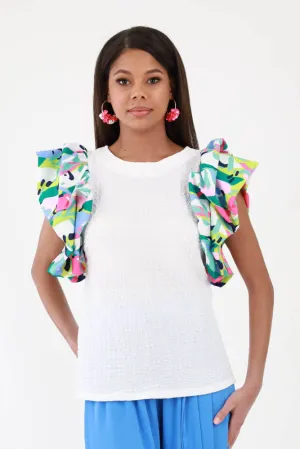 Splash of Color Ruffled Sleeve Top - White