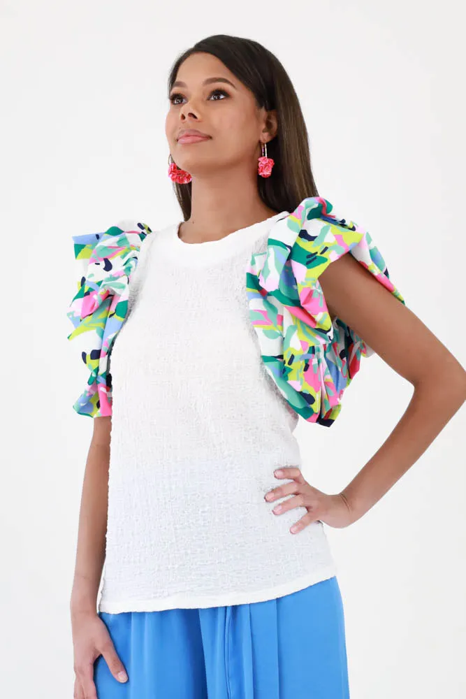 Splash of Color Ruffled Sleeve Top - White