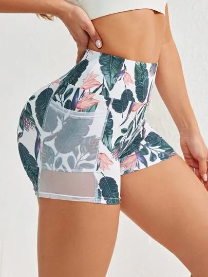 Sport Studio Flower Print Mesh Yoga Shorts – Breathable Legging Shorts with Phone Pocket
