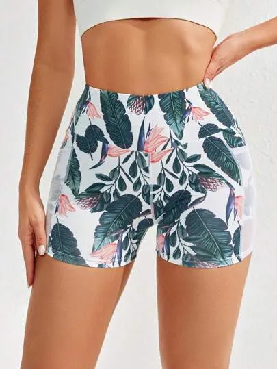 Sport Studio Flower Print Mesh Yoga Shorts – Breathable Legging Shorts with Phone Pocket