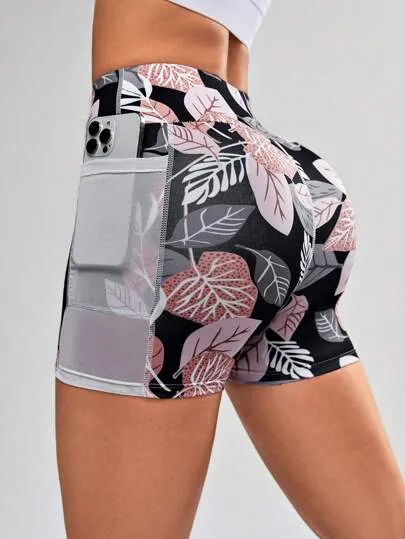 Sport Studio Flower Print Mesh Yoga Shorts – Breathable Legging Shorts with Phone Pocket