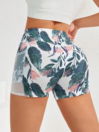 Sport Studio Flower Print Mesh Yoga Shorts – Breathable Legging Shorts with Phone Pocket