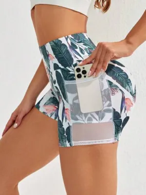 Sport Studio Flower Print Mesh Yoga Shorts – Breathable Legging Shorts with Phone Pocket