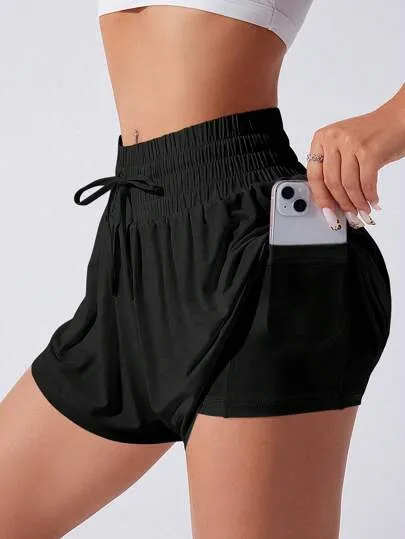 Sport Studio Knotted Pocket Yoga Shorts – Solid Color, Lightweight & Breathable