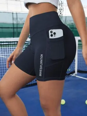 Sport Studio Letter Graphic Wideband Waist Sports Shorts – Blue Tennis Shorts with Phone Pocket