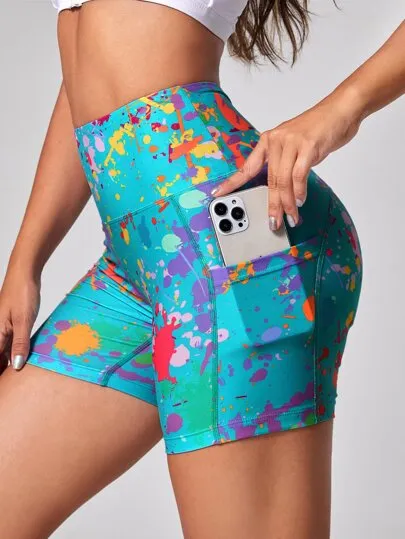 Sport Studio Splash Ink Print Biker Shorts – Stretchy Sports Shorts with Phone Pocket