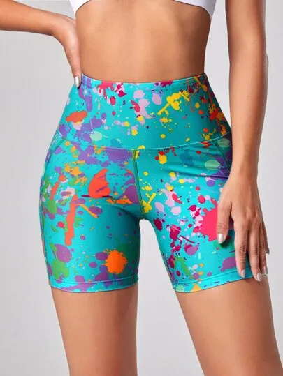 Sport Studio Splash Ink Print Biker Shorts – Stretchy Sports Shorts with Phone Pocket