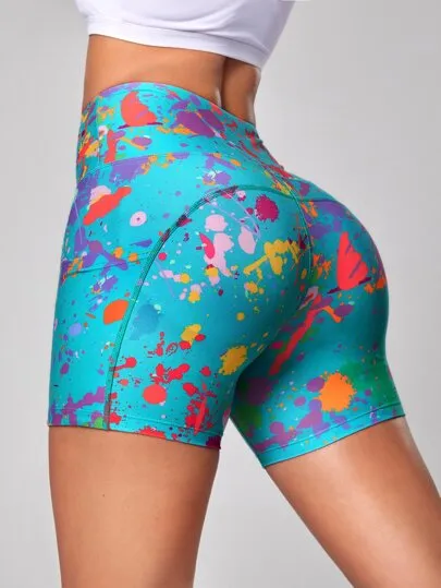 Sport Studio Splash Ink Print Biker Shorts – Stretchy Sports Shorts with Phone Pocket