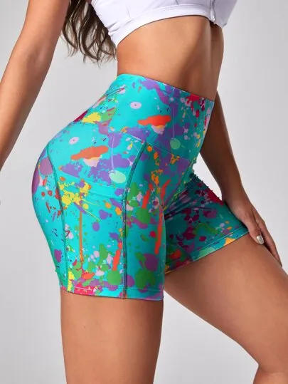 Sport Studio Splash Ink Print Biker Shorts – Stretchy Sports Shorts with Phone Pocket