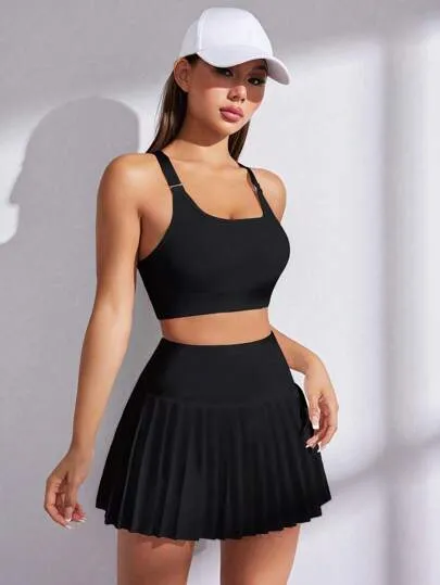 Sport Studio Women's Summer Sportswear Set – Solid Color Crop Bra & Pleated Mini Skirt
