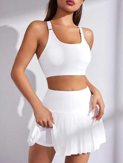 Sport Studio Women's Summer Sportswear Set – Solid Color Crop Bra & Pleated Mini Skirt