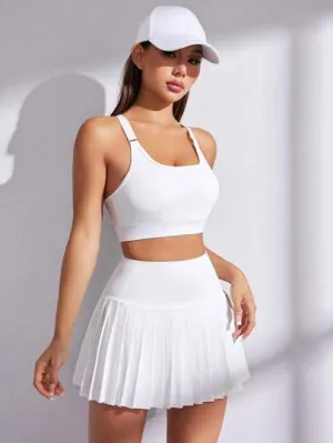 Sport Studio Women's Summer Sportswear Set – Solid Color Crop Bra & Pleated Mini Skirt