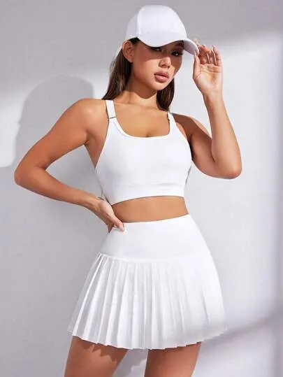 Sport Studio Women's Summer Sportswear Set – Solid Color Crop Bra & Pleated Mini Skirt