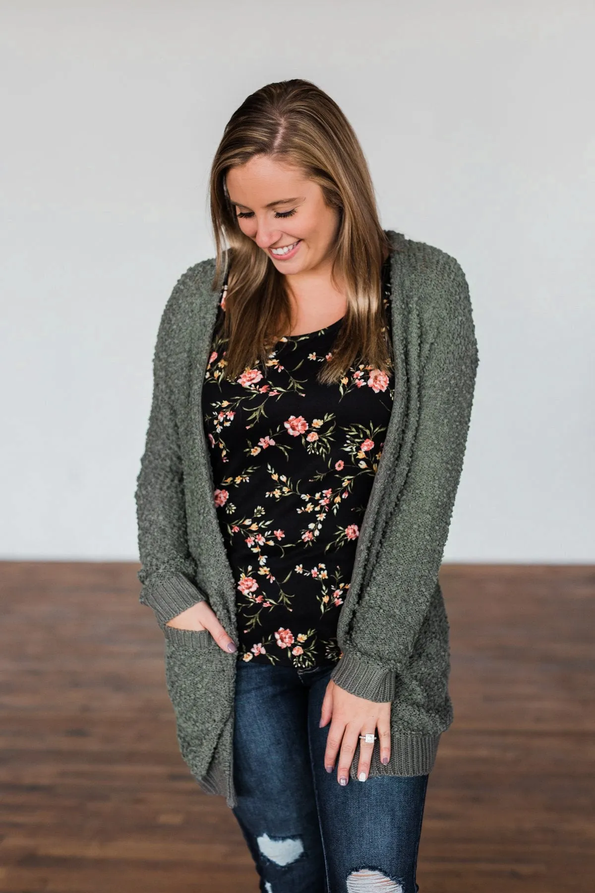 Stealing Glances Popcorn Knit Cardigan- Olive