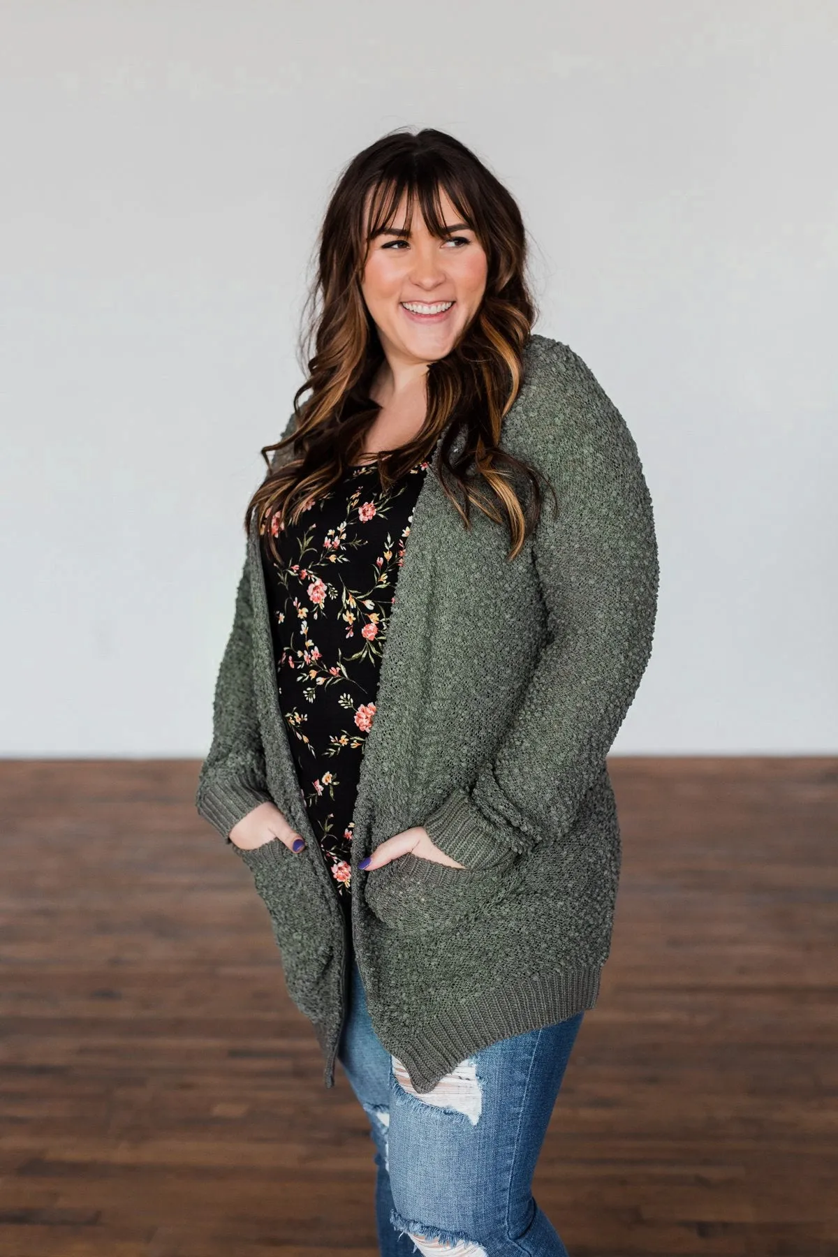 Stealing Glances Popcorn Knit Cardigan- Olive