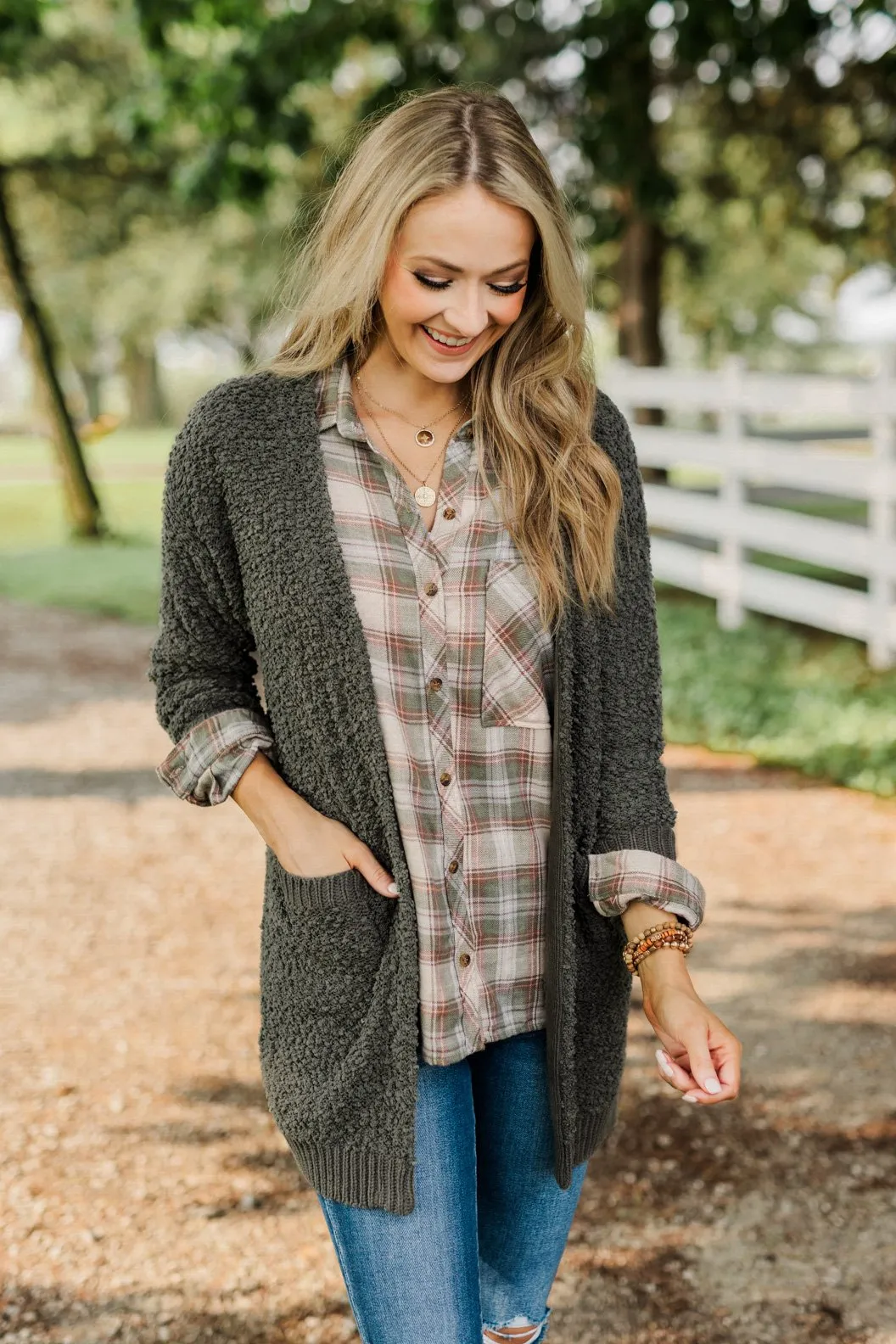 Stealing Glances Popcorn Knit Cardigan- Olive