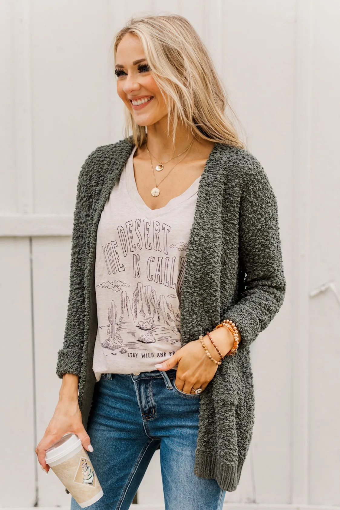 Stealing Glances Popcorn Knit Cardigan- Olive