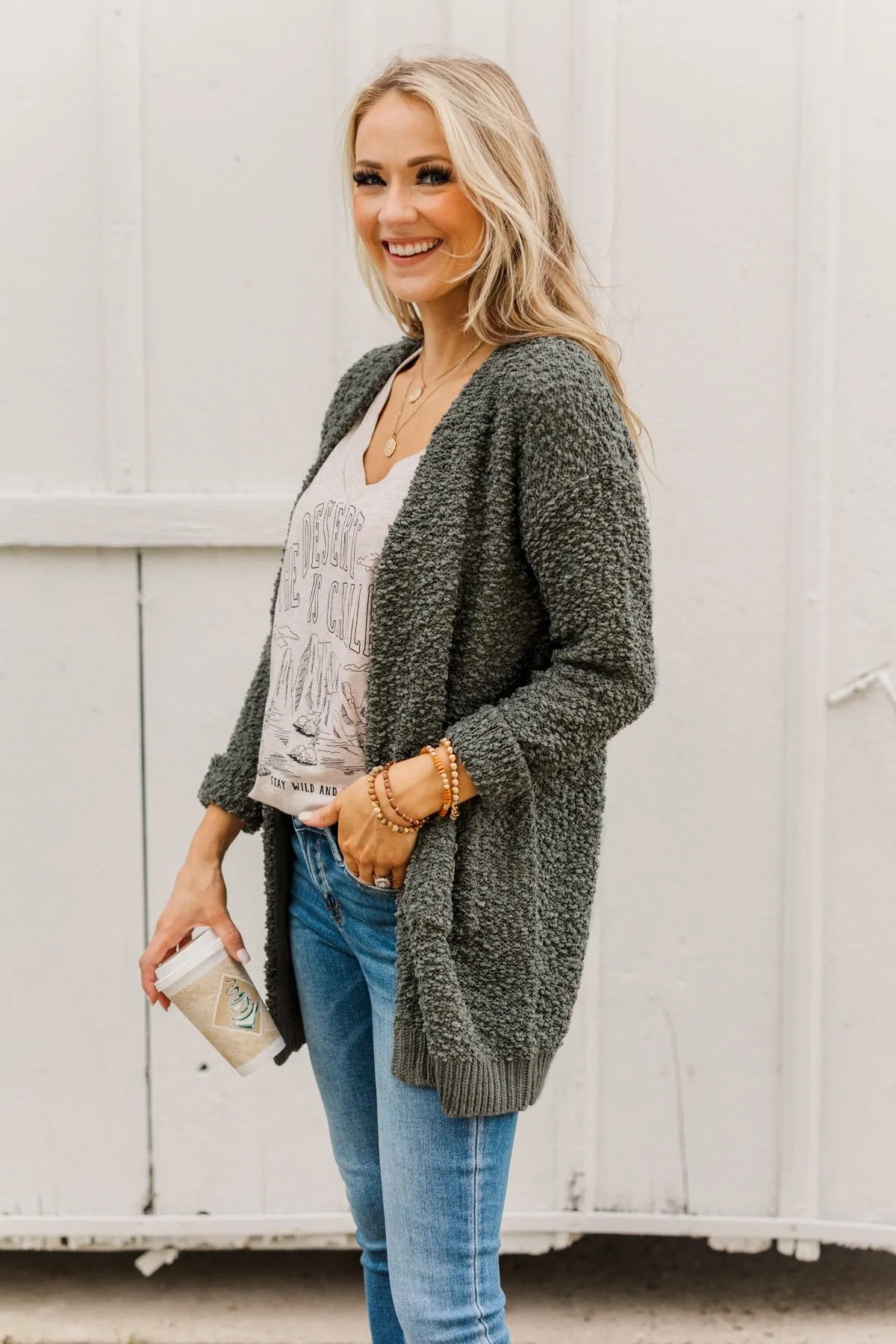 Stealing Glances Popcorn Knit Cardigan- Olive