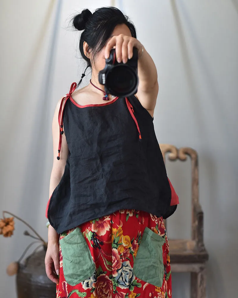 Strappy Contrast Ramie Blouse