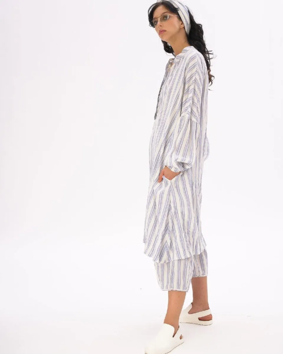 Striped Crinkled Cotton-Linen Duster
