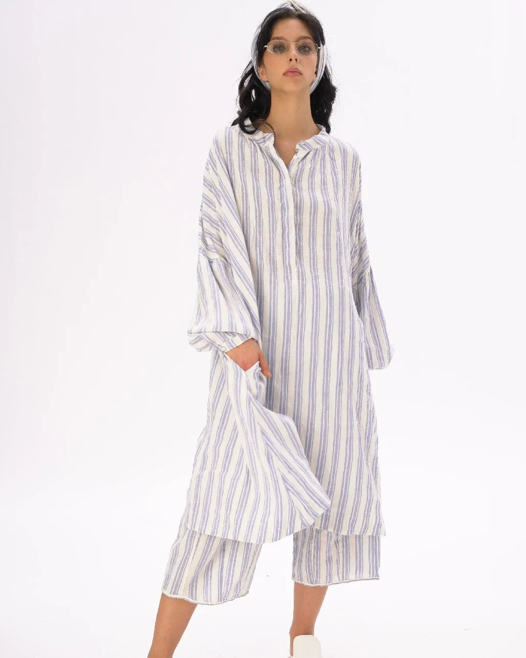 Striped Crinkled Cotton-Linen Duster