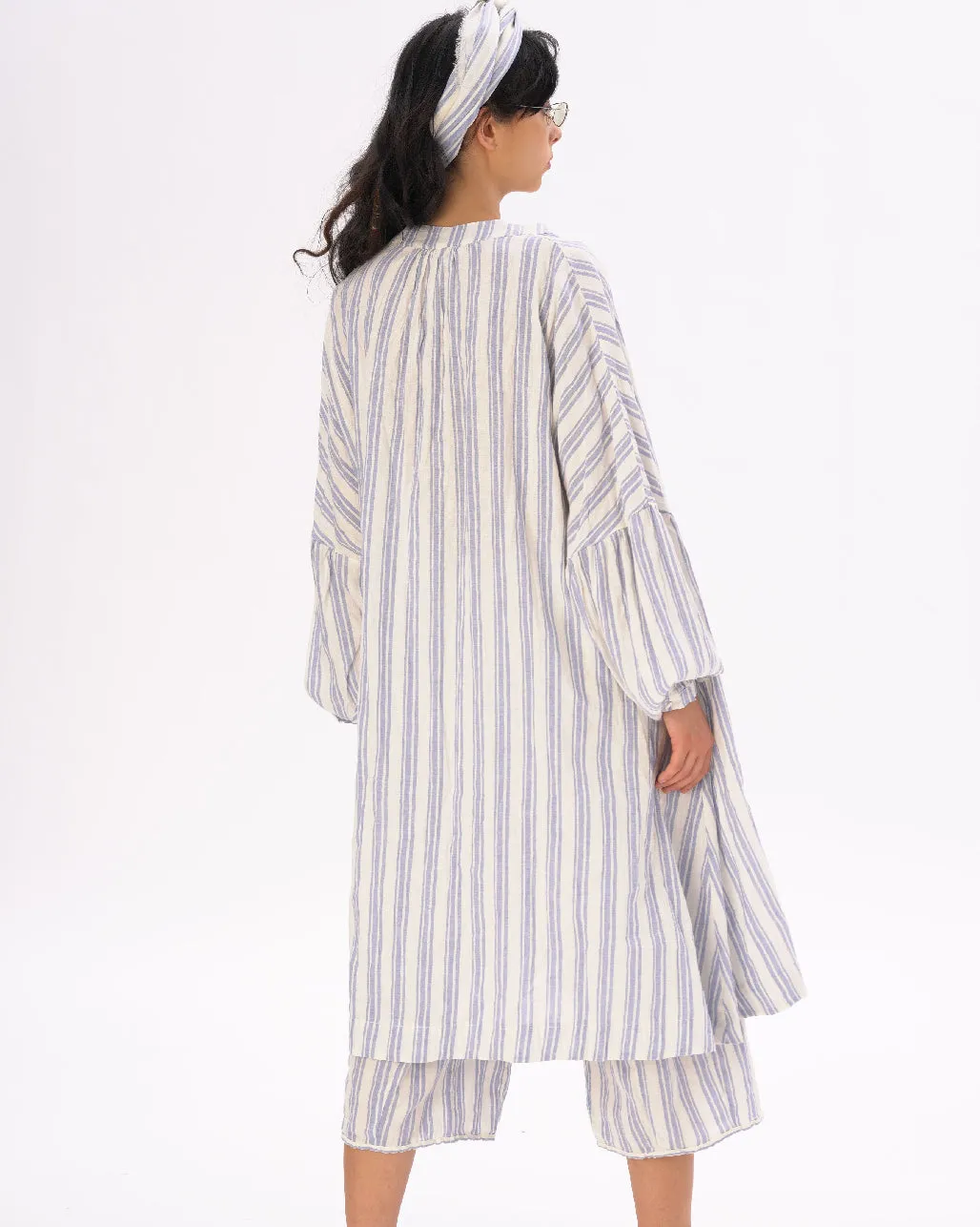 Striped Crinkled Cotton-Linen Duster