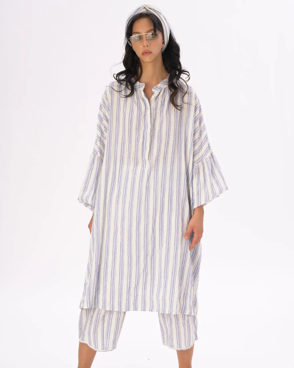 Striped Crinkled Cotton-Linen Duster